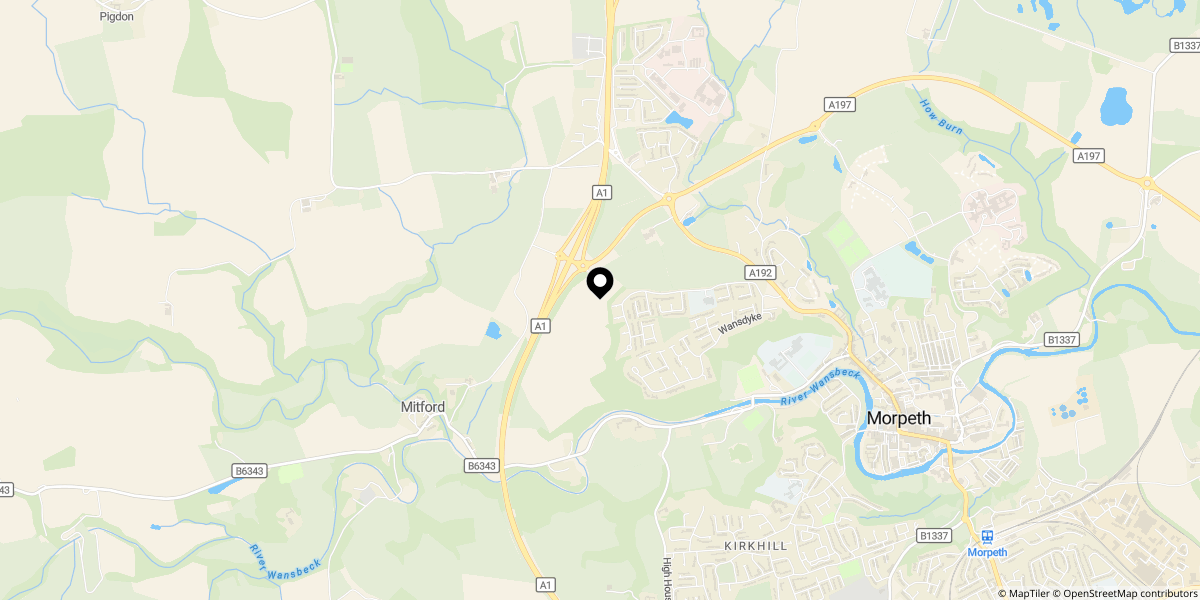 Approximate location of Pinewood Drive, Lancaster Park, Morpeth, NE61 3ST