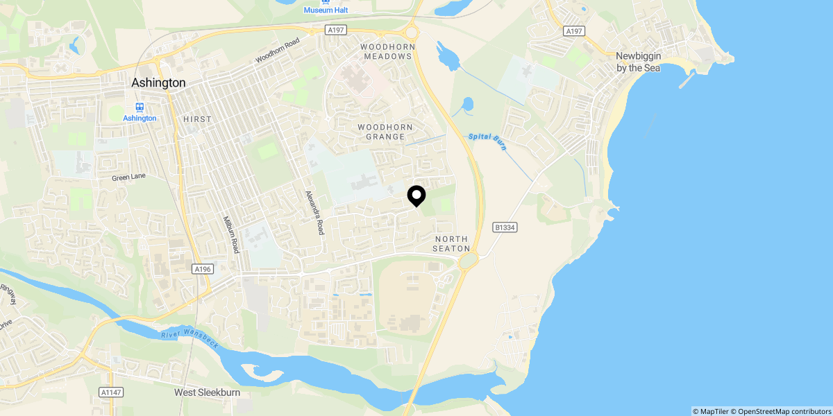 Approximate location of Woodlands Road, Ashington, NE63 9TT