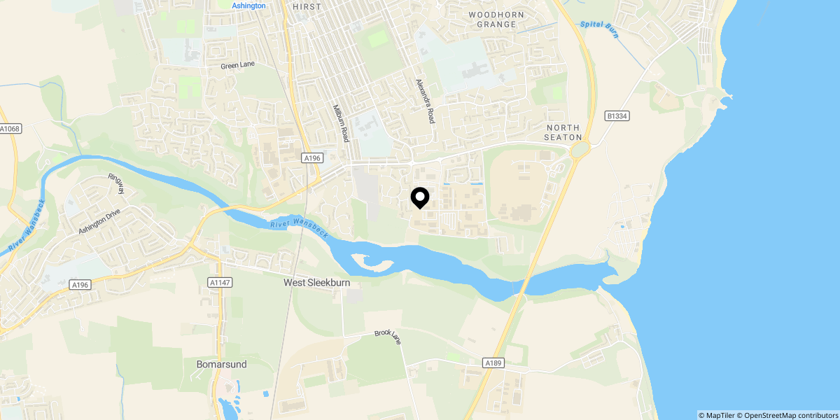 Approximate location of Riverdene House, Castle Island Way, Ashington, NE63 0XL