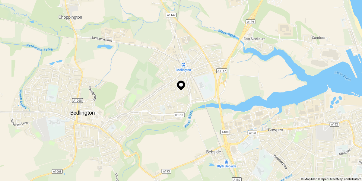 Approximate location of Jubilee Mews, Bedlington, NE22 5BL