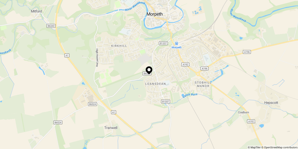 Approximate location of Churchburn Drive, Loansdean, Morpeth, NE61 2BZ