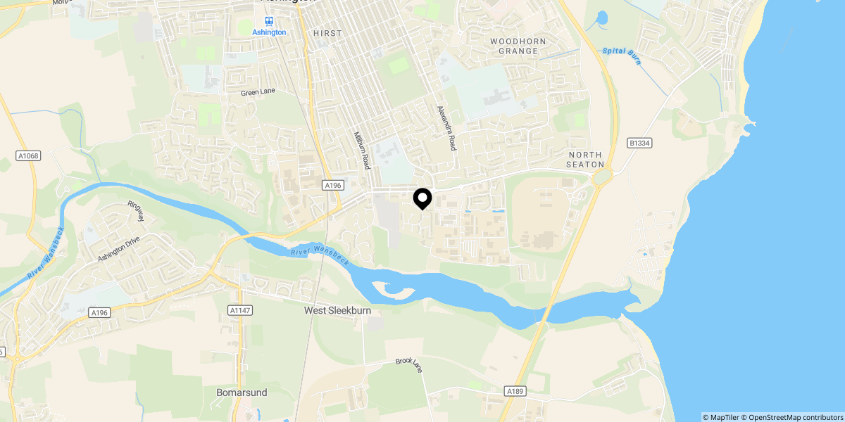 Approximate location of Newbiggin Road, Ashington, NE63 0TN