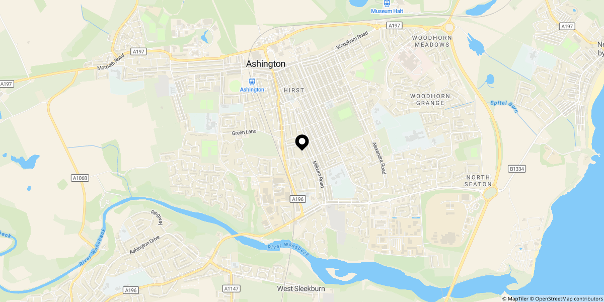 Approximate location of Milburn Road, Ashington, NE63 0NA