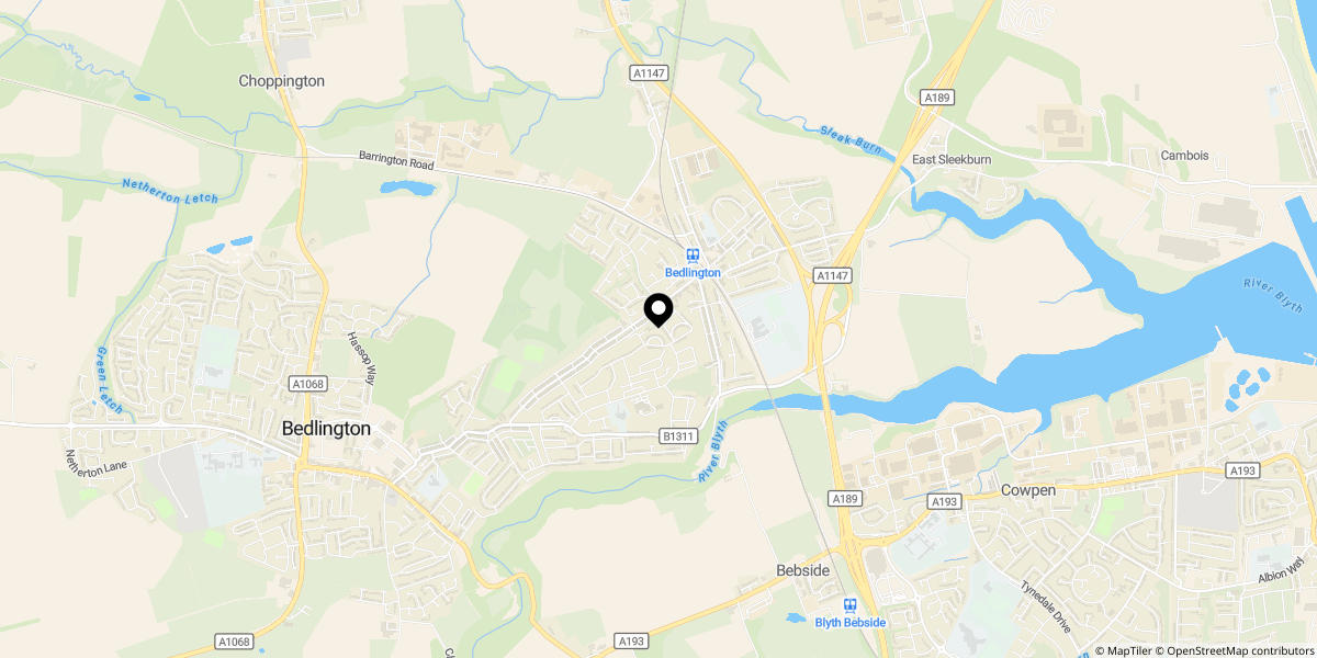 Approximate location of Ayesha House, Bedlington, Northumberland, NE22 5HB