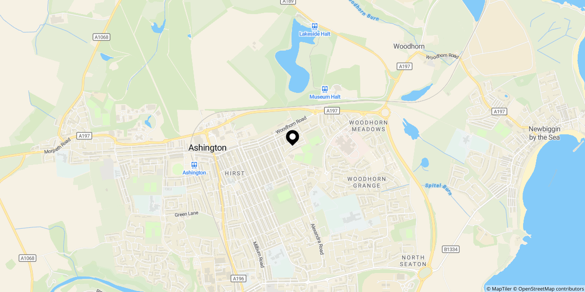 Approximate location of Woodhorn Road, Ashington, NE63 9ET
