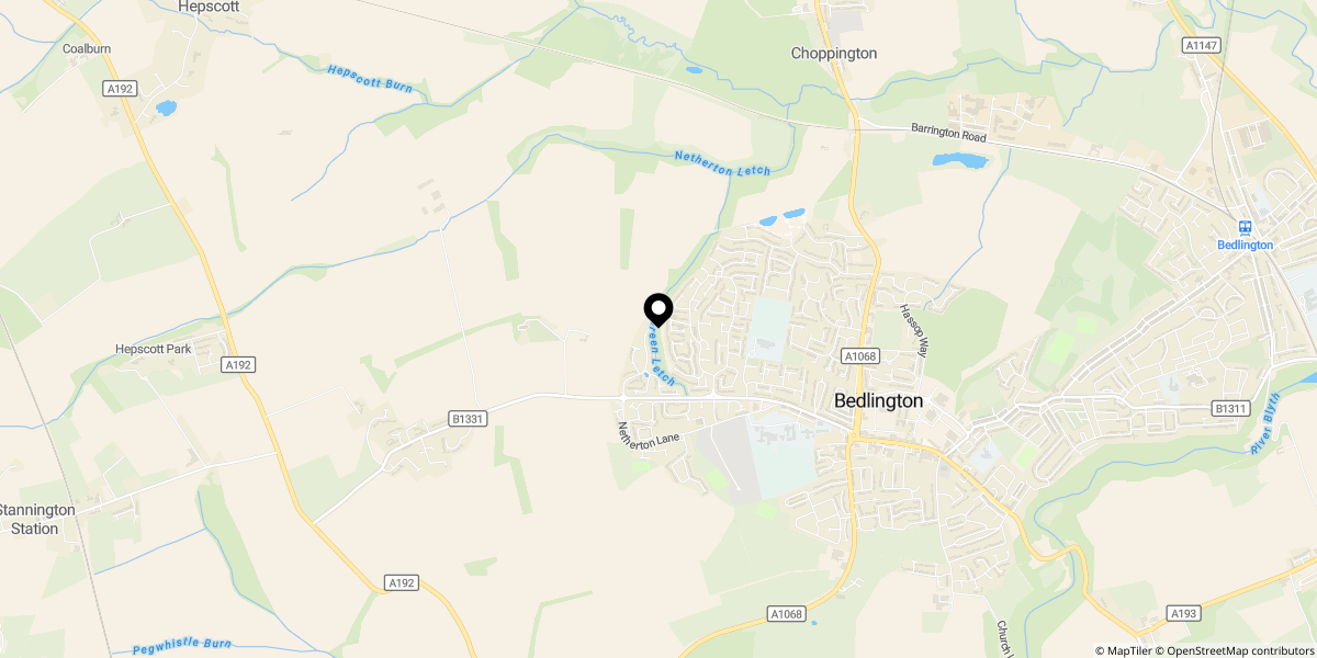 Approximate location of Nottingham Court, Bedlington, NE22 6PE